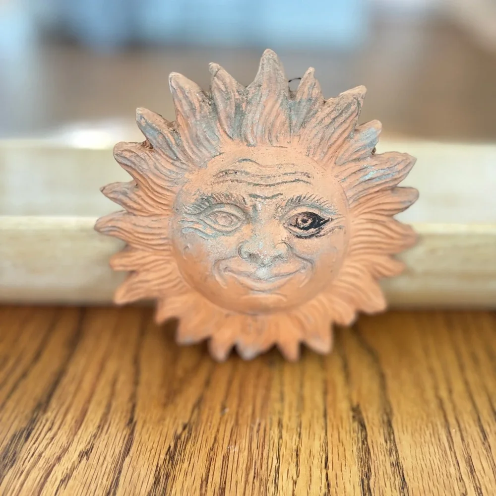 Vintage Terracotta Sun Face Wall Plaque Rustic Clay Celestial Garden Decor 6